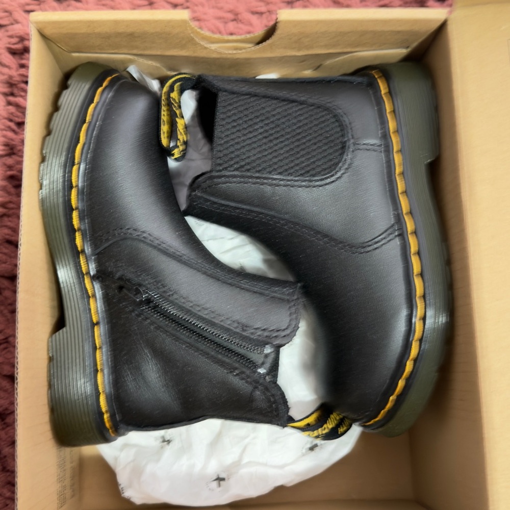 Dr. Martens Kids Black Leather Chelsea Boots with Yellow Stitching and Pull Tab